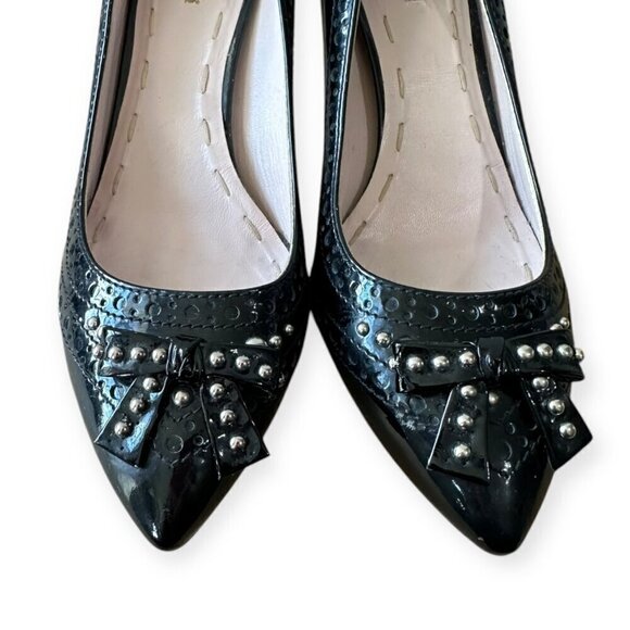 Miu Miu Black Patent Pumps with Studded Bow with perfs, Size 38.5 EU - Picture 12 of 14